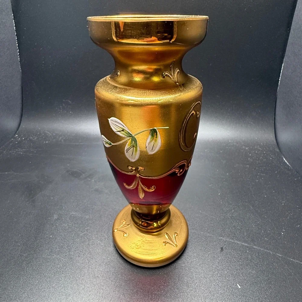 Bohemia Crystal Ruby Red Glass Vase Gold Hand Painted Floral 6.75in Czech